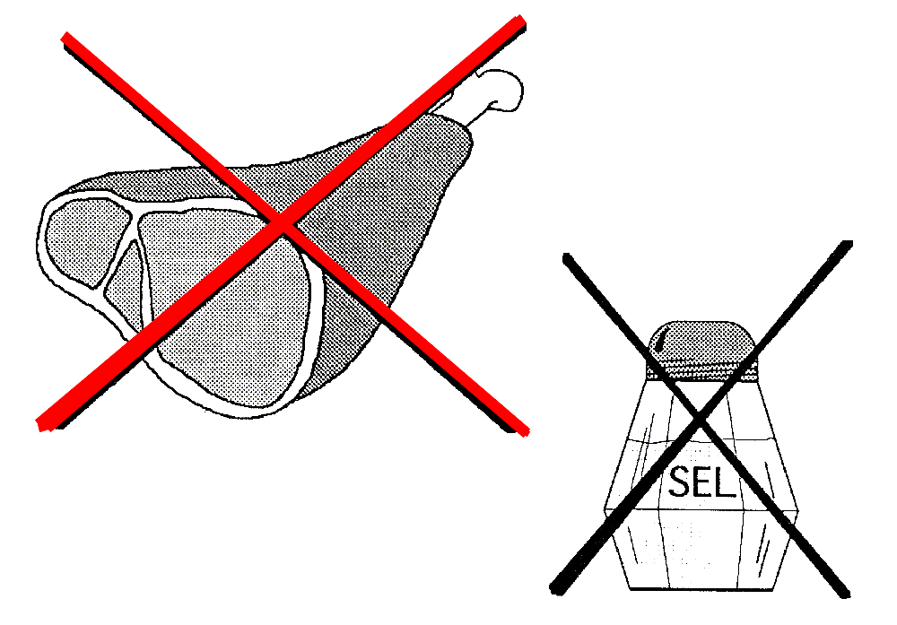 Image d'un gigot et d'une salière, tous deux barrés en croix.