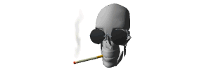 Dessin animé d'un crâne moqueur fumant une cigarette. Commentaire Tobacostop : La cigarette allumée, il avait le regard éteint : c'était un coup fumant...
