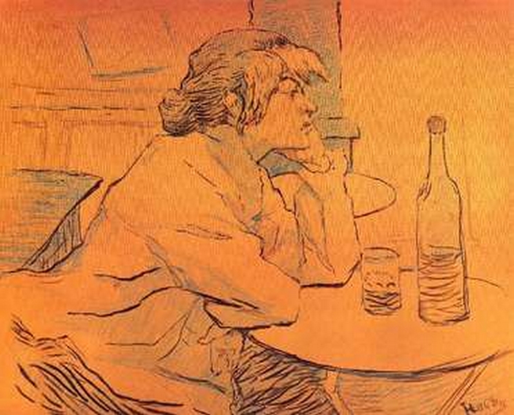 Portrait de Suzanne Valadon par Toulouse-Lautrec, où on la voit s'ennuyant dans un bistrot devant une bouteille de vin. Commentaire Tobacostop : En matière de rechute tabagique, le vin donne là la lie...